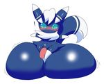  ! balls big_balls blue_eyes blue_fur blush fur huge_balls hyper hyper_balls keijimatsu male meowstic nintendo penis pok&eacute;mon solo video_games white_fur 