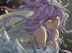  angel_wings archangel_metatron_(p&amp;d) bare_shoulders breasts cleavage commentary_request dark_skin dress feathered_wings large_breasts lavender_hair long_hair looking_at_viewer puzzle_&amp;_dragons red_eyes solo try upper_body wavy_hair white_dress wings 