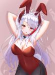  1girl ahoge animal_ears armpits arms_behind_head azur_lane blush breasts bunny_ears bunny_tail bunnysuit cleavage detached_collar eyebrows_visible_through_hair fake_animal_ears iron_cross long_hair looking_at_viewer medium_breasts messy_hair open_mouth prinz_eugen_(azur_lane) red_eyes shadow signature silver_hair simple_background tail thick_thighs thighs wide_hips zeri_(zeristudio) 