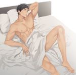  1boy abs bara bed black_hair free! looking_at_viewer male_fous muscle nude ookiidesunone pecs solo yamazaki_sousuke yaoi 
