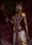  anthro areola breasts canine clothed clothing ear_piercing facial_piercing female half-closed_eyes jackal mammal navel nipples nose_piercing piercing solo staff topless unistaart 