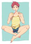  barefoot blush character_name food free! high_speed! ice_cream indian_style looking_at_viewer male_focus muscle ookiidesunone popsicle red_eyes red_hair saliva shiina_asahi shorts sitting solo sweat tamge tank_top tongue tongue_out 