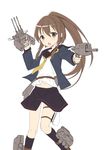  :&lt; alternate_costume bad_id bad_pixiv_id black_legwear blue_jacket blush brown_eyes brown_hair cnm cosplay crescent crescent_moon_pin dual_wielding fumizuki_(kantai_collection) gun holding holding_gun holding_weapon jacket kantai_collection kneehighs long_hair looking_at_viewer machinery navel necktie open_mouth ponytail remodel_(kantai_collection) satsuki_(kantai_collection) satsuki_(kantai_collection)_(cosplay) school_uniform serafuku simple_background skirt solo torpedo turret weapon white_background yellow_neckwear 