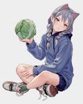  1girl animal_ears arm_up arms_between_legs artist_name blue_jacket blue_skirt blush braid brown_eyes cabbage cat_ears closed_mouth drawstring fkey full_body green_legwear grey_hair highres holding holding_vegetable hood hooded_jacket jacket long_hair long_sleeves looking_at_viewer low_twin_braids original shoes sitting skirt sneakers socks solo twin_braids 