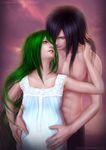  1girl abs black_hair character_request female green_eyes green_hair hug hug_from_behind long_hair male naruto pregnant shirtless uchiha_madara 