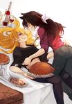  alcohol animal_ears artist_name black_hair blake_belladonna blonde_hair bottle cat_ears cup drinking_glass food fork girl_on_top kuma_(bloodycolor) licking_lips long_hair multiple_girls purple_eyes rwby salt_shaker spoon tongue tongue_out turkey_(food) wine wine_bottle wine_glass yang_xiao_long yellow_eyes yuri 