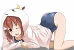  ;d all_fours animal_hood ass brown_eyes brown_hair character_hood gyuuki_(yuyuyu) hood hoodie kani_sen one_eye_closed open_clothes open_hoodie open_mouth short_hair smile solo swimsuit top-down_bottom-up yuuki_yuuna yuuki_yuuna_wa_yuusha_de_aru yuusha_de_aru 