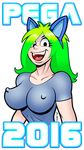  2016 black_eyes breasts clothed clothing curtsibling digital_media_(artwork) english_text eyebrows eyelashes female green_hair hair happy human looking_at_viewer makeup mammal nipple_bulge nipples not_furry open_mouth parody pega_mega pegaslut shirt solo text tongue watermark white_sclera 