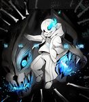  blue_eyes bone crack english gasterblaster grin hand_in_pocket hood hoodie kuma_(bloodycolor) male_focus open_clothes open_hoodie open_mouth sans skeleton skull slippers smile solo spoilers undertale 
