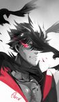  bird black_hair character_name cross cross_necklace crow glowing glowing_eye grin jewelry kuma_(bloodycolor) looking_at_viewer male_focus necklace qrow_branwen red_eyes rwby smile solo 