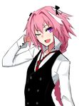  ;d astolfo_(fate) bad_id bad_pixiv_id braid cosplay fang fate/apocrypha fate_(series) hair_ribbon long_hair looking_at_viewer male_focus multicolored_hair necktie one_eye_closed open_mouth otoko_no_ko pink_hair purple_eyes ribbon shijiu_(adamhutt) shirt sieg_(fate/apocrypha) sieg_(fate/apocrypha)_(cosplay) simple_background single_braid smile solo two-tone_hair white_background white_hair 