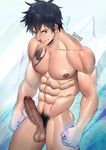  1boy abs bara black_hair body_hair erection fairy_tail gray_fullbuster looking_at_viewer male_focus muscle nipples nude pecs penis pubic_hair smirk solo suyo tattoo testicles 