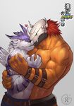  &lt;3 2016 abs anthro armor belt biceps black_nose blush canine claws clothed clothing digimon dragon duo eyes_closed faceless_male fangs fur green_eyes hair helmet horn hug japanese japanese_text kissing looking_away male male/male mammal muscular muscular_male neck_tuft orange_scales pecs purple_fur raymond158 red_hair scales scalie scar sharp_teeth shy simple_background standing stripes teeth text topless tuft vein video_games wargreymon weregarurumon white_fur wolf yellow_eyes 