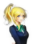  aegyo artist_name ayase_eli bad_id bad_twitter_id blazer blonde_hair blue_eyes blurry bow bowtie green_bow hair_between_eyes high_ponytail jacket love_live! love_live!_school_idol_project otonokizaka_school_uniform ponytail school_uniform sideways_glance smile solo striped striped_bow upper_body white_background 