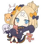  &gt;:) 2girls abigail_williams_(fate/grand_order) balloon bangs black_bow black_dress black_jacket blonde_hair blue_eyes blush bow chibi closed_mouth colored_eyelashes commentary crossed_bandaids dress english_commentary fate/grand_order fate_(series) fou_(fate/grand_order) hair_bow hair_bun heroic_spirit_traveling_outfit hitsukuya jacket lavinia_whateley_(fate/grand_order) long_hair long_sleeves looking_at_viewer multiple_girls object_hug orange_bow parted_bangs red_bow red_footwear silver_hair simple_background sleeves_past_fingers sleeves_past_wrists smile solo_focus stuffed_animal stuffed_toy suction_cups teddy_bear tentacle v-shaped_eyebrows white_background 