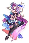  bangs bare_shoulders black_legwear breasts cleavage eyebrows eyebrows_visible_through_hair long_hair long_legs looking_at_viewer macross macross_delta medium_breasts midriff mikumo_guynemer multicolored_hair navel open_mouth purple_hair red_eyes simple_background sitting solo suchununupu very_long_hair white_background 