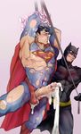  2boys abs bara batman batman_(series) cum cum_on_body dc_comics erection grin male_focus mask multiple_boys muscle pecs penis restrained rope smile superman superman_(series) testicles torn_clothes vimen wince yaoi 