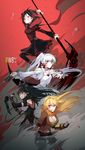  artist_name black_hair blake_belladonna blonde_hair blood blood_on_face bloody_clothes brown_hair clenched_hand copyright_name corset crescent_rose dress ember_celica_(rwby) gambol_shroud gradient_hair highres kuma_(bloodycolor) long_hair multicolored_hair multiple_girls myrtenaster navel red_hair ruby_rose rwby scythe short_hair side_ponytail smile sword weapon weiss_schnee white_hair yang_xiao_long 