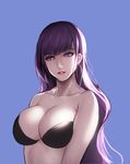  a-line absurdres bad_id bad_pixiv_id bangs bare_shoulders bikini_top black_bra blue_background bra breasts collarbone earrings eyebrows eyebrows_visible_through_hair eyelashes highres hoop_earrings jewelry large_breasts long_hair looking_at_viewer original parted_lips purple_eyes purple_hair red_lips solo strapless underwear upper_body 