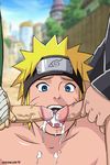  3boys blonde_hair blue_eyes cum cum_in_mouth cum_on_body erection facial fellatio gloves licking male_focus multiple_boys naruto oral outdoors penis public testicles tongue ukegakure uzumaki_naruto yaoi 