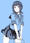  :o ? blue blue_background bucket commentary_request fubuki_(kantai_collection) kantai_collection kouji_(campus_life) low_ponytail monochrome pleated_skirt ponytail school_uniform serafuku short_hair short_ponytail short_sleeves sketch skirt solo 