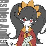  1girl ashley_(warioware) big_hair black_hair blush dress flat_chest hairband long_hair lowres orange_hairband red_eyes scissors skull solo stuffed_animal stuffed_bunny stuffed_toy teenage twintails warioware witch 