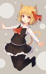  animal_ear_fluff animal_ears black_legwear black_skirt blush cat_ears cat_tail cravat fang hair_ribbon highres kemonomimi_mode light_brown_hair long_sleeves looking_at_viewer no_shoes open_mouth outstretched_arms pantyhose red_eyes ribbon rumia shone short_hair simple_background skirt skirt_set smile solo spread_arms tail touhou vest 