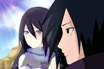  1boy 1girl black_eyes black_hair blue_eyes female long_hair male naruto sky smile uchiha_madara 