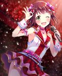  amami_haruka audience bare_shoulders belt blush brown_hair collar glowstick green_eyes hair_ribbon highres idolmaster idolmaster_(classic) idolmaster_one_for_all jewelry looking_at_viewer microphone necklace ok_sign open_mouth ribbon serino_itsuki short_hair skirt smile solo_focus sweat wrist_cuffs 