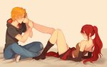  1girl blonde_hair blush chuu closed_eyes foot_licking full_body half-closed_eyes hetero holding_another's_foot jaune_arc licking lying on_back pyrrha_nikos red_hair rwby single_sock sitting smile socks 