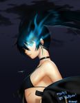  aegyo bad_id bad_twitter_id bare_shoulders bikini bikini_top black black_bikini black_hair black_rock_shooter black_rock_shooter_(character) burning_eye choker expressionless hair_between_eyes jacket jewelry long_hair necklace off_shoulder pendant scar solo swimsuit twintails 