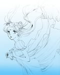  bead_bracelet beads bishoujo_senshi_sailor_moon bracelet cowboy_shot double_bun dress facial_mark floating_hair forehead_mark from_side gradient gradient_background hair_ornament hairclip jewelry long_hair lowres mame_jakku monochrome pearl_bracelet princess_serenity puffy_short_sleeves puffy_sleeves short_sleeves solo tsukino_usagi twintails 