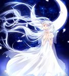  absurdly_long_hair bishoujo_senshi_sailor_moon blue_eyes crescent_moon double_bun dress hanasato_(okashino) highres long_hair moon neo_queen_serenity petals pink_lips profile see-through silver_hair solo tsukino_usagi twintails very_long_hair white_dress white_hair 