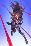  aiming armor armored_boots black_panties blue_background blurry bodysuit boots breasts circlet covered_navel depth_of_field fate/grand_order fate_(series) floating_hair full_body gae_bolg gem gloves gradient gradient_background highres holding holding_weapon landing large_breasts long_hair looking_at_viewer motion_blur outstretched_arm panties pauldrons polearm purple_bodysuit purple_hair red_eyes scathach_(fate)_(all) scathach_(fate/grand_order) shade solo spear tsukikanade underwear veil very_long_hair weapon 