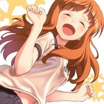  bad_id bad_pixiv_id bangs belly_peek black_shorts blunt_bangs blush closed_eyes dutch_angle emblem gears girls_und_panzer gym_shirt gym_uniform long_hair navel ooarai_(emblem) open_mouth orange_hair outstretched_wrists pairan shirt shorts smile solo standing takebe_saori upper_body white_shirt 