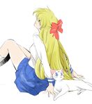  aino_minako arm_support artemis_(sailor_moon) bishoujo_senshi_sailor_moon blonde_hair blue_skirt bow cat closed_eyes hair_bow half_updo long_hair long_sleeves mame_jakku red_bow school_uniform serafuku shiba_koen_middle_school_uniform sitting skirt very_long_hair white_background white_cat 