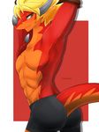  abs anthro armpits athletic blonde_hair butt clothed clothing dragon drum_(buddyfight) drum_bunker_dragon future_card_buddyfight geometric_background hair horn male muscular nervous pecs pinup pose ragujuka scalie side_view solo standing tight_clothing topless underwear 