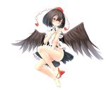  bad_id bad_pixiv_id bird_wings black_hair black_wings blush bottomless covering covering_breasts covering_crotch full_body geta hat hat_ribbon highres looking_at_viewer naked_shirt no_bra no_panties ootsuki_momiji pom_pom_(clothes) red_eyes ribbon shameimaru_aya shirt shoes single_shoe skirt skirt_removed solo tears tokin_hat torn_clothes torn_shirt torn_skirt touhou touhou_ayaria_epic wings 