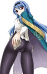  1girl 7th_dragon 7th_dragon_(series) 7th_dragon_iii aitelle ass blue_hair bodysuit breasts cameltoe cape from_behind from_below long_hair looking_down red_eyes shimo_(depthbomb) shiny shiny_clothes shiny_hair skin_tight solo 