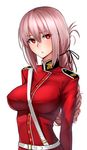  arms_behind_back bad_id bad_pixiv_id bangs belt between_breasts blush braid breasts covered_nipples epaulettes fate/grand_order fate_(series) florence_nightingale_(fate/grand_order) hair_between_eyes large_breasts long_hair long_sleeves looking_at_viewer mandarin_collar military military_uniform pink_hair red_eyes sam_browne_belt shijiu_(adamhutt) single_braid skirt solo tied_hair uniform very_long_hair 