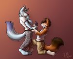  belt brown_eyes canine clothing cute duo engagement_ring fluffy fluffy_tail fringe fur grey_fur hand_holding hand_on_mouth iztli jeans male mammal on_one_knee pants proposal red_fur red_wolf ring romantic shirt side_view smile surprise tank_top wedding_ring wolf young 