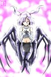  arachne carapace claws closed_eyes detached_sleeves extra_eyes eyes_visible_through_hair full_body hands_on_own_chest insect_girl lavender_hair lolinera monster_girl monster_musume_no_iru_nichijou multiple_legs navel pelvic_curtain pink_background purple_hair rachnera_arachnera s-now signature smile solo spider_girl twintails younger 