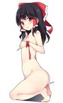  ass bad_id bad_pixiv_id bangs barefoot black_hair blush bow covering_nipples full_body hair_bow hair_tubes hakurei_reimu highres kneeling looking_at_viewer looking_to_the_side maremay0513 nude open_mouth red_bow red_eyes red_ribbon ribbon sidelocks simple_background solo tiptoes touhou white_background 