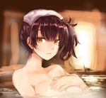  bathing breasts brown_hair hand_on_own_chest jikkentai_(zol8529) kaga_(kantai_collection) kantai_collection large_breasts looking_at_viewer parted_lips short_hair side_ponytail sitting solo towel towel_on_head yellow_eyes 