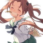  arm_behind_back bad_id bad_pixiv_id bag bangs blouse blush brown_hair closed_eyes eating finger_in_mouth food food_in_mouth girls_und_panzer green_skirt grin hair_ribbon holding kadotani_anzu leaning_forward long_hair long_sleeves mouth_pull neckerchief ooarai_school_uniform pairan parted_bangs pleated_skirt ribbon school_uniform serafuku skirt smile solo sweet_potato twintails upper_body white_background white_blouse 