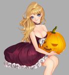  aegyo bad_id bad_twitter_id bare_shoulders blue_eyes breasts choker cleavage dress frilled_dress frills grey_background holding jack-o'-lantern large_breasts looking_at_viewer original pumpkin purple_dress simple_background sitting solo strapless strapless_dress 