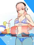  absurdres ball beachball bikini blush breast_grab breasts cake cleavage cocktail cocktail_glass cup drink drinking_glass drinking_straw food fruit grabbing headphones highres huangshiyu05 innertube large_breasts long_hair looking_at_viewer navel nitroplus partially_submerged pastry pink_hair plate red_eyes smile solo strawberry super_sonico swimsuit water 