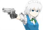  absurdres aiming air_glen black_gloves blue_eyes braid finger_on_trigger frown gloves gun handgun highres holding holding_gun holding_weapon izayoi_sakuya maid maid_headdress pistol short_hair sig_sauer sig_sauer_p228 silver_hair solo touhou twin_braids weapon white_background 