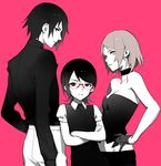 2girls ask_(askzy) bare_shoulders choker crossed_arms family father_and_daughter glasses gloves green_eyes haruno_sakura husband_and_wife midriff monochrome mother_and_daughter multiple_boys multiple_girls naruto naruto_(series) naruto_shippuuden pink_background red-framed_eyewear short_hair spot_color uchiha_sarada uchiha_sasuke 