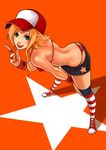  alice_(fatal_fury) back bikini_top blonde_hair blush fatal_fury full_body green_eyes hat jewelry open_mouth orange_background ring s.n.x simple_background solo star thong 